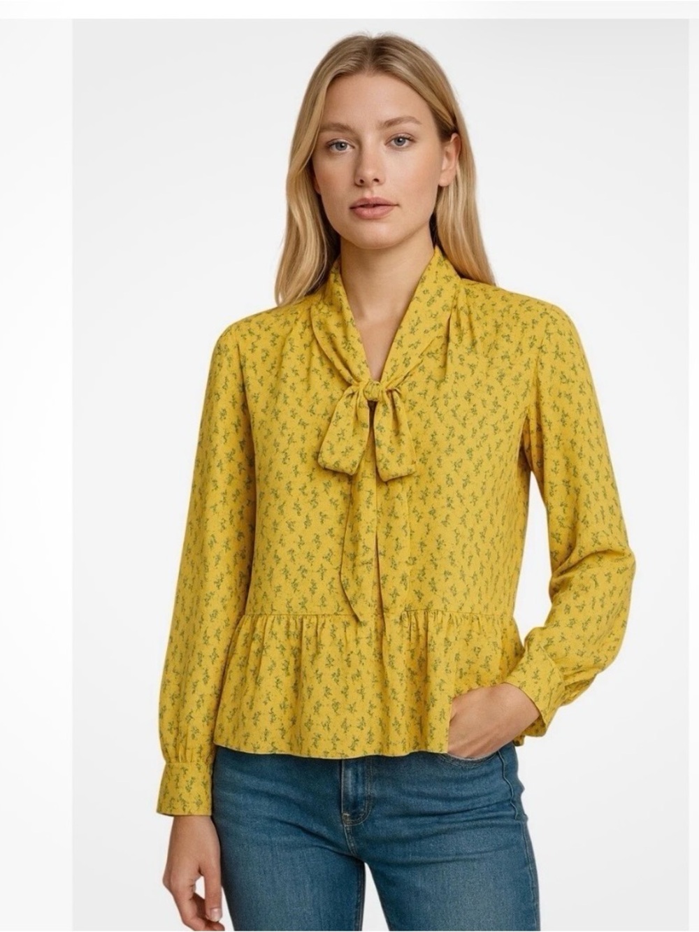 Loft SP Yellow dainty floral tie ruffle waist cottagecore euro summer blouse